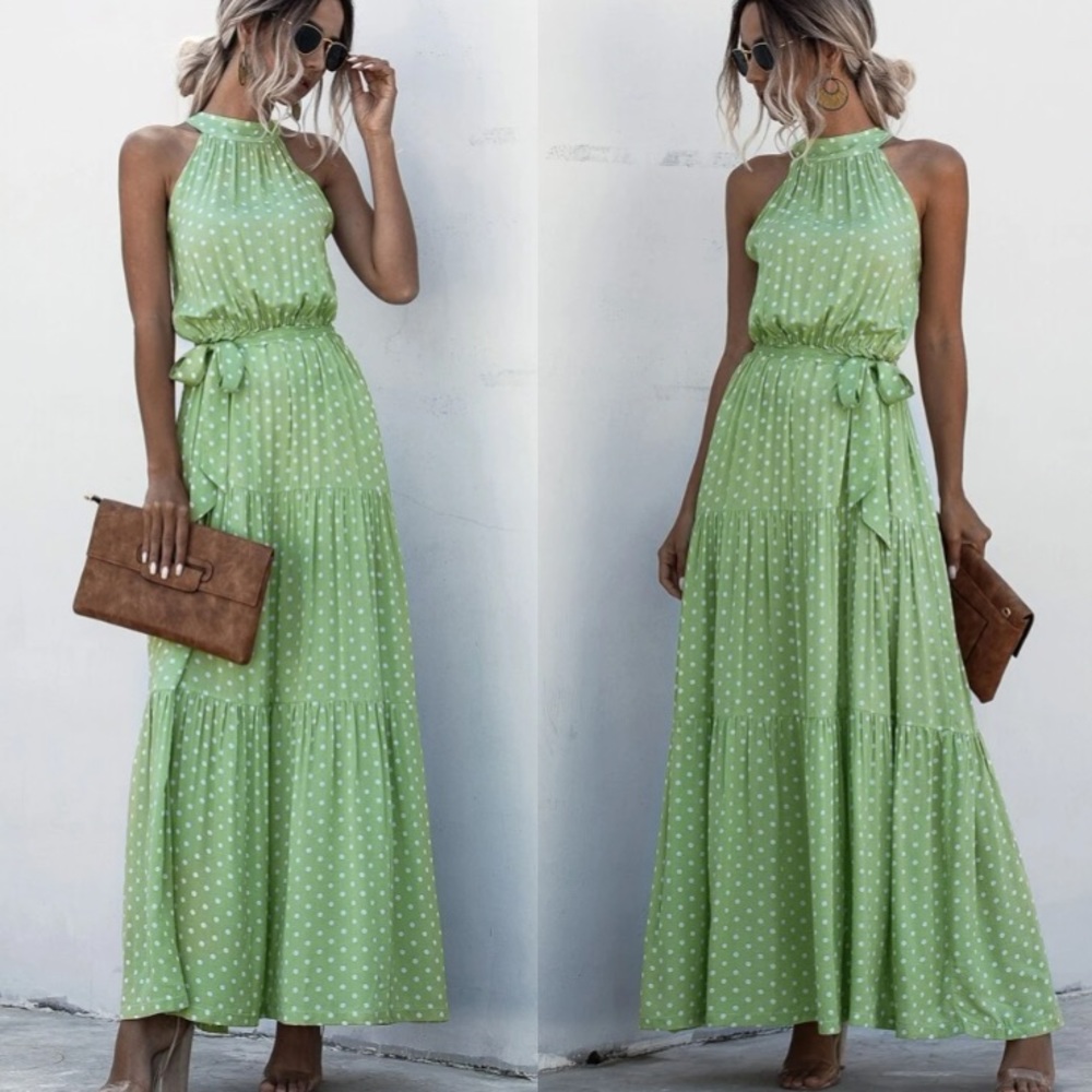 Boho green halter dot belted maxi dress - Picture 3 of 7